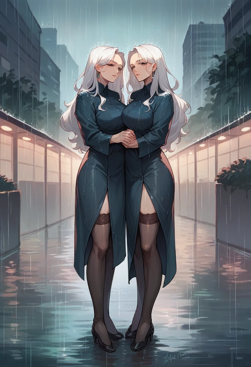 ,twins,White hair,Stockings,Mature female,rain,Night City,Long Hair, 