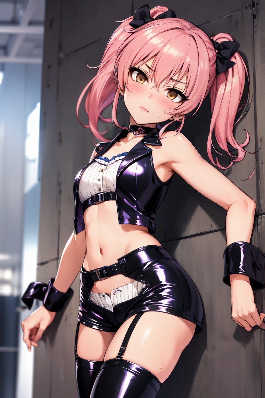  aamika, twintails, hair bow, idol clothes, choker, vest, wrist cuffs,, midriff,((latex shorts)),garter belt,cowboy shot,sweating,looking viewer,pink hair