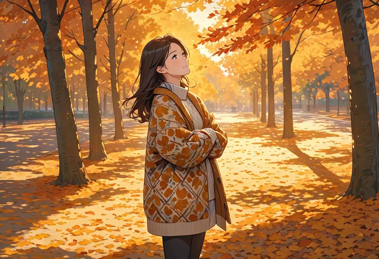 The image shows a person wearing a patterned sweater, standing outdoors in what appears to be a park or wooded area. The setting sun casts a warm, golden light, creating long shadows on the ground covered with fallen leaves. The person is holding a coat or jacket against their body with one arm while the other arm is crossed, holding the sweater. The surrounding trees contribute to a peaceful and serene autumn atmosphere.