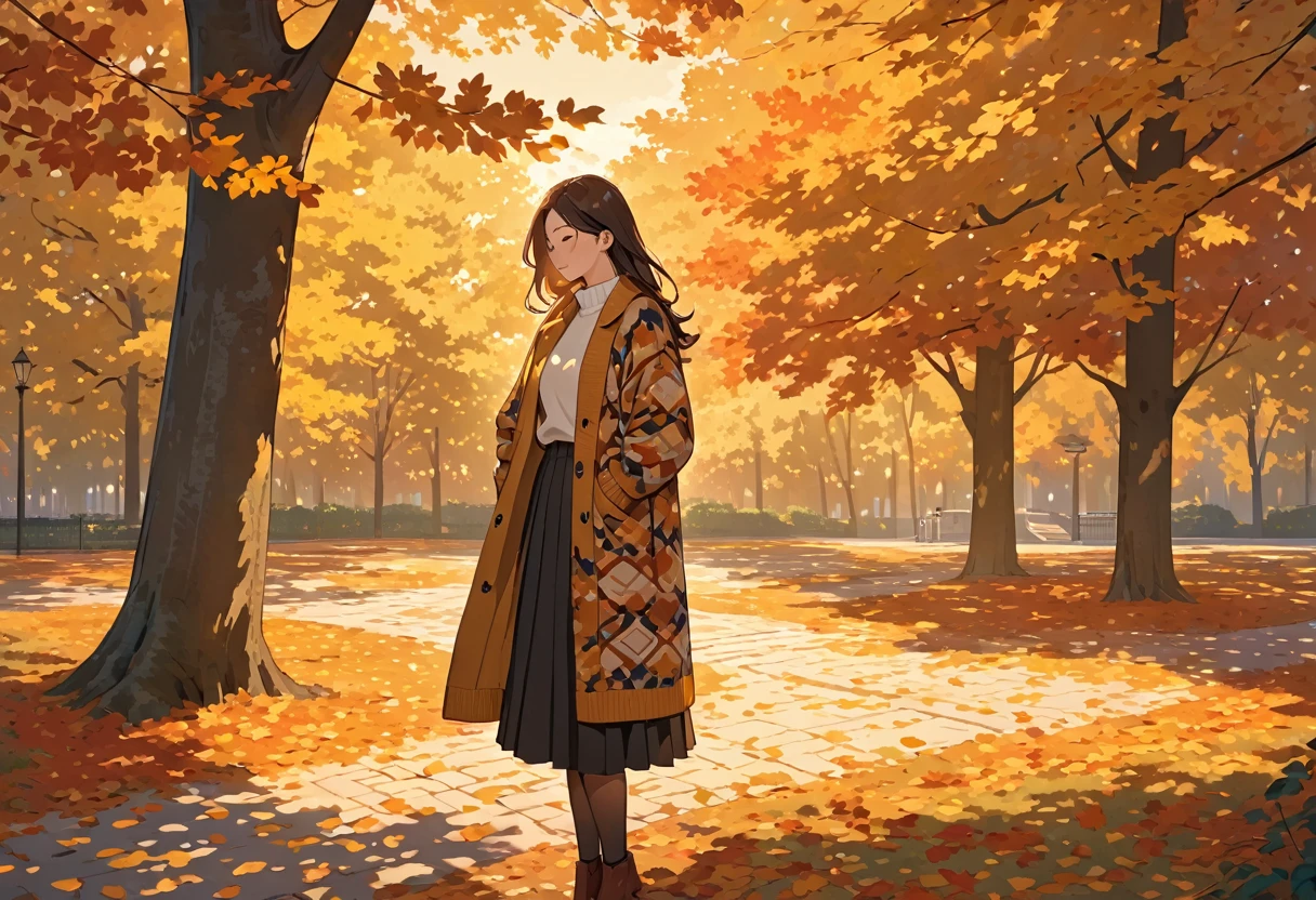The image shows a person wearing a patterned sweater, standing outdoors in what appears to be a park or wooded area. The setting sun casts a warm, golden light, creating long shadows on the ground covered with fallen leaves. The person is holding a coat or jacket against their body with one arm while the other arm is crossed, holding the sweater. The surrounding trees contribute to a peaceful and serene autumn atmosphere.