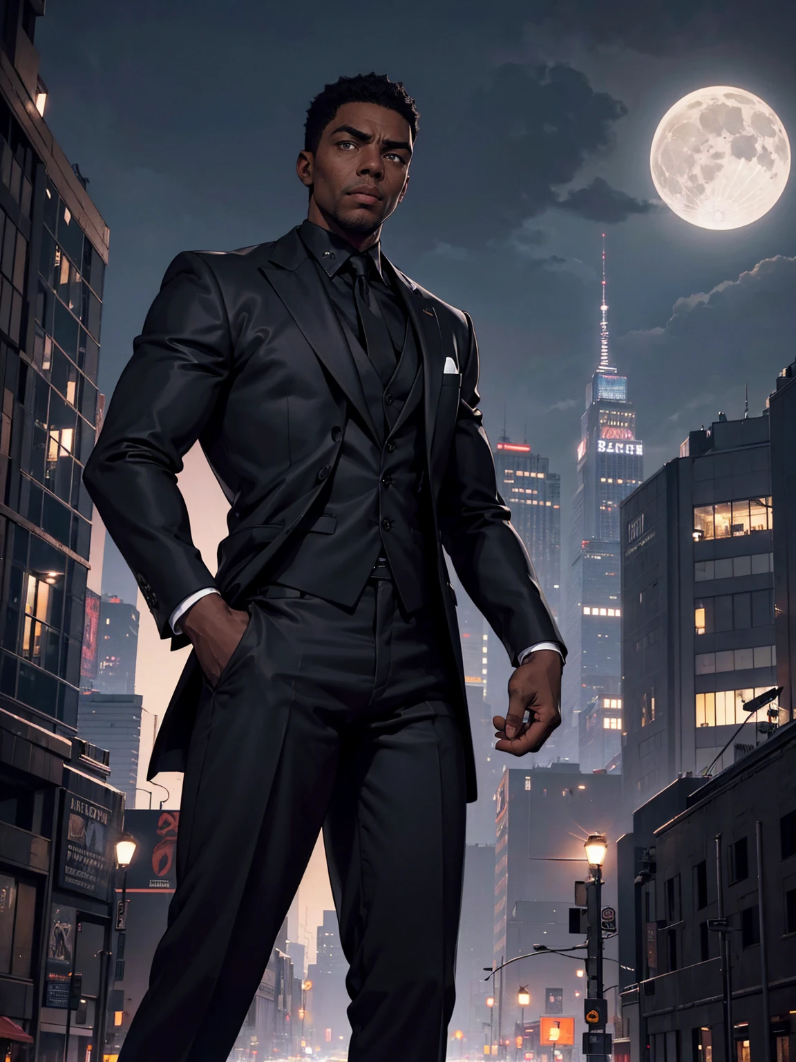 (extremely detailed 8k wallpaper), dark theme, modern horror, 2022, 1 30 year old black man, strong, Stately, wearing black tuxedo, black social t-shirt, black pants, sharp focus, (underground dispersal:1.1), rewarded photography, centered face, cos:1.1, Chadwick Boseman face, short black hair, supernatural gray eyes, serious expression, big city streets, black sky with full moon, dramatic lighting