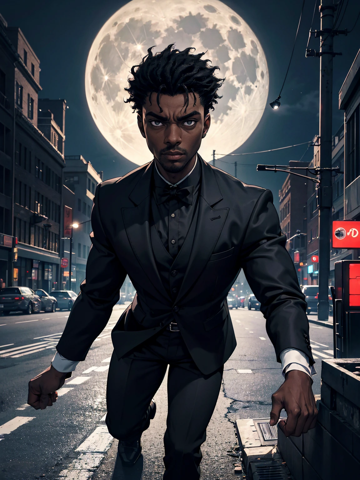 (extremely detailed 8k wallpaper), dark theme, modern horror, 2022, 1 30 year old black man, strong, Stately, wearing black tuxedo, black social t-shirt, black pants, sharp focus, (underground dispersal:1.1), rewarded photography, centered face, cos:1.1, Chadwick Boseman face, short black hair, supernatural gray eyes, serious expression, big city streets, black sky with full moon, dramatic lighting