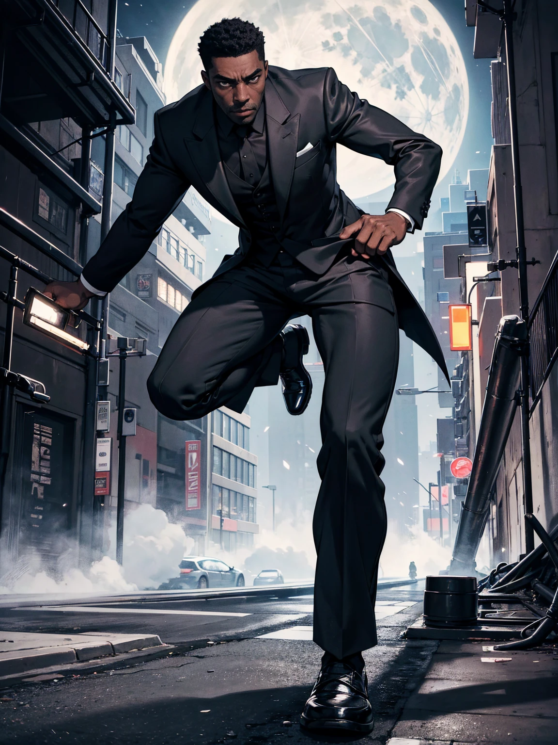 (extremely detailed 8k wallpaper), dark theme, modern horror, 2022, 1 30 year old black man, strong, Stately, wearing black tuxedo, black social t-shirt, black pants, sharp focus, (underground dispersal:1.1), rewarded photography, centered face, cos:1.1, Chadwick Boseman face, short black hair, supernatural gray eyes, serious expression, big city streets, black sky with full moon, dramatic lighting
