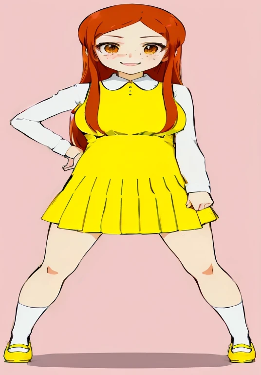 cartoon girl in yellow dress with white collar and yellow shoes, erza scarlet as a real person, aya takano color style, anime girl named lucy, inspired by Tsubasa Nakai, !!full body portrait!!, inspired by Tsuruko Yamazaki, rena nounen style 3/4, as an anime character, rei hino as a princess