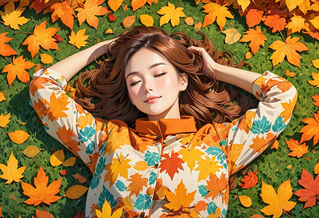 The image shows a person lying on the ground amidst a pile of autumn leaves. Their arms are bent, with hands resting behind the head, creating a relaxed pose. The ground is covered with green grass and scattered, colorful leaves in various shades of brown, orange, and yellow, indicative of the fall season. The person appears to be enjoying a leisurely moment outdoors surrounded by the beauty of autumn.