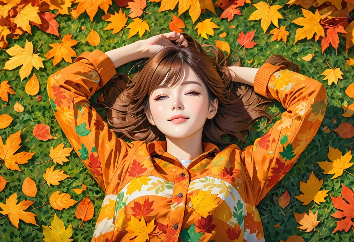 The image shows a person lying on the ground amidst a pile of autumn leaves. Their arms are bent, with hands resting behind the head, creating a relaxed pose. The ground is covered with green grass and scattered, colorful leaves in various shades of brown, orange, and yellow, indicative of the fall season. The person appears to be enjoying a leisurely moment outdoors surrounded by the beauty of autumn.