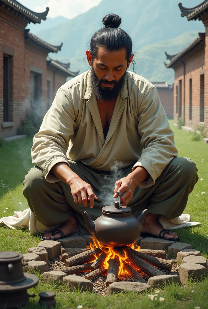 man in the field working making a pot of tea over a wood fire, Chinese culture brick background