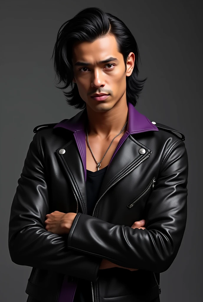 A guy with black medium hair with layers, tan skin color, wearing a black leather jacket with some purple arts on not much and looking straight and generate the image from head to hips and make him look like bruno mars from the please me video and make him stand and make him cross his arms and make him look focused and make the image like a wwe 2k24 wrestler png and make him pose like a model 