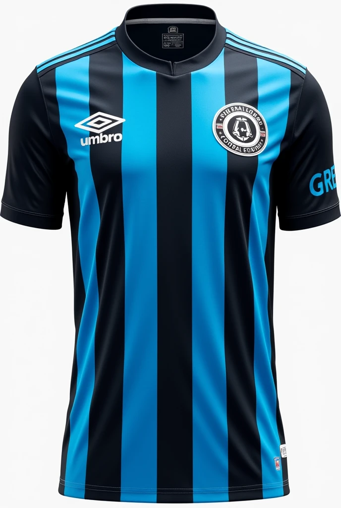 Create an Umbro branded football shirt, of the Grêmio Football Portoalegrense team with thick sky blue and black stripes, with thin white stripes dividing the black and blue stripes.
