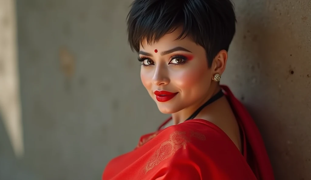 A beautiful woman with a wolf cut hairstyle, wearing a red saree, facing the camera, 4k, extremely detailed, photorealistic, masterpiece, ultra-detailed, hyper-realistic, vivid colors, beautiful detailed eyes, beautiful detailed lips, extremely detailed face, long eyelashes, huge breasts, chubby body, delicious body, red lipstick