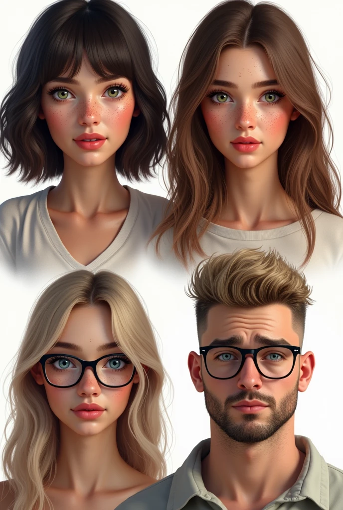 (photorealism:1.5)profile of a beautiful young woman with dark brown hair, curtain bangs hair, green eyes, and a lot of freckles. another profile of a young woman with brown hair, brown eyes and some freckles. another profile of a young pretty woman with straight light blond hair, blue eyes and glasses. The last profile is of a masculine chubby man with short kind of buzzcut dark blond hair, blue eyes, glasses and a beard. faces are looking into the camera, smaller and loosely arranged on a white background