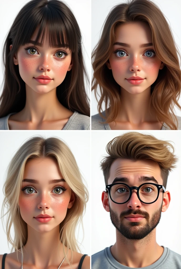 (photorealism:1.5)profile of a beautiful young woman with dark brown hair, curtain bangs hair, green eyes, and a lot of freckles. another profile of a young woman with brown hair, brown eyes and some freckles. another profile of a young pretty woman with straight light blond hair, blue eyes and glasses. The last profile is of a masculine chubby man with short kind of buzzcut dark blond hair, blue eyes, glasses and a beard. faces are looking into the camera, smaller and loosely arranged on a white background