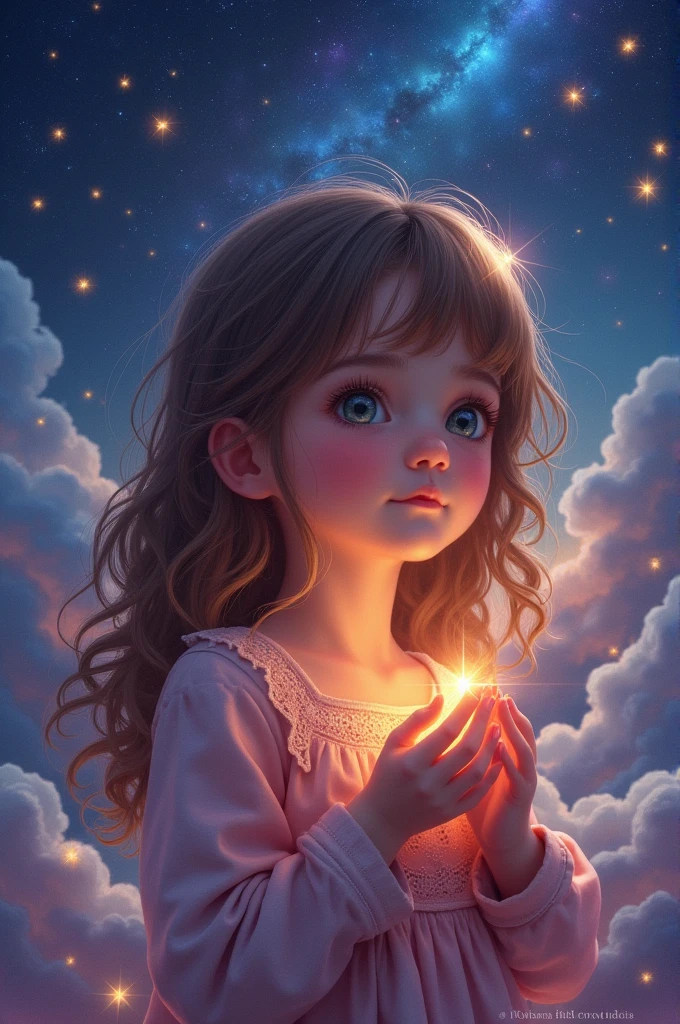 Attention to detail, Super Detail, Ultra-high resolution, Girl enjoying time in fantasy galaxy, Surrounded by stars, A warm light shines on her, The background is a starry sky,There are colorful galaxies and galactic clouds, The stars were flying all around her, Delicate face, Add a fun atmosphere ,