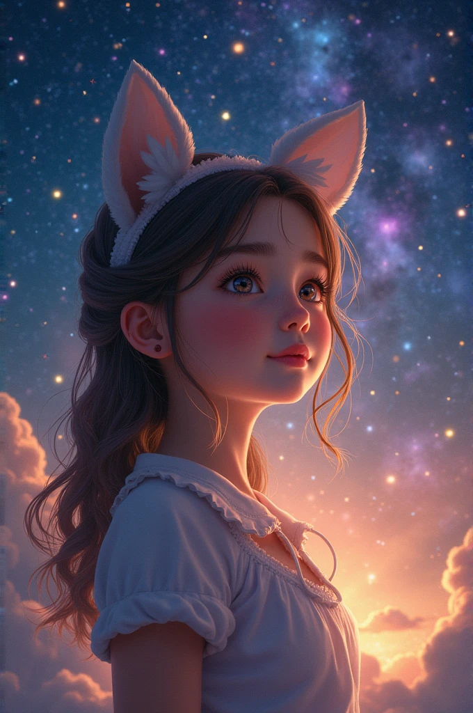 Attention to detail, Super Detail, Ultra-high resolution, Girl enjoying time in fantasy galaxy, Surrounded by stars, A warm light shines on her, The background is a starry sky,There are colorful galaxies and galactic clouds, The stars were flying all around her, Delicate face, Add a fun atmosphere ,