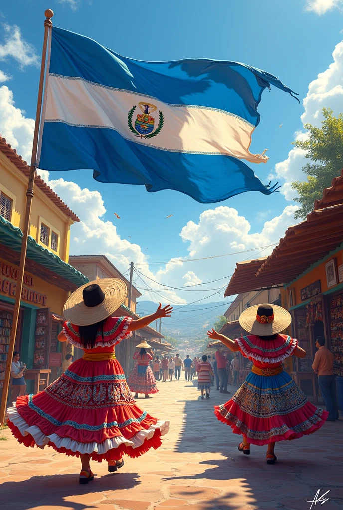 Nicaragua flag in motion with marima de arco performing and masaya craft market