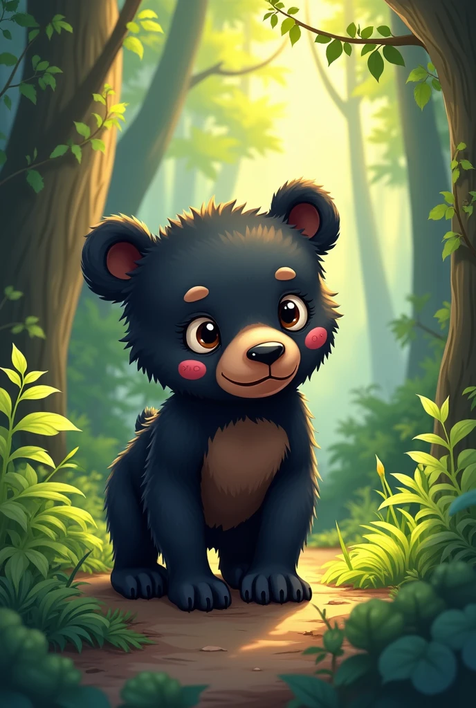 Logo of a black baby bear with spots around its eyes walking in a forest