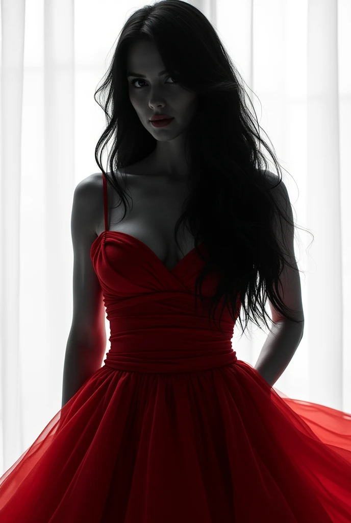 woman, long straight black hair, big bust, red dress, black and white silhouette image, full body, looking at the camera, photorealistic