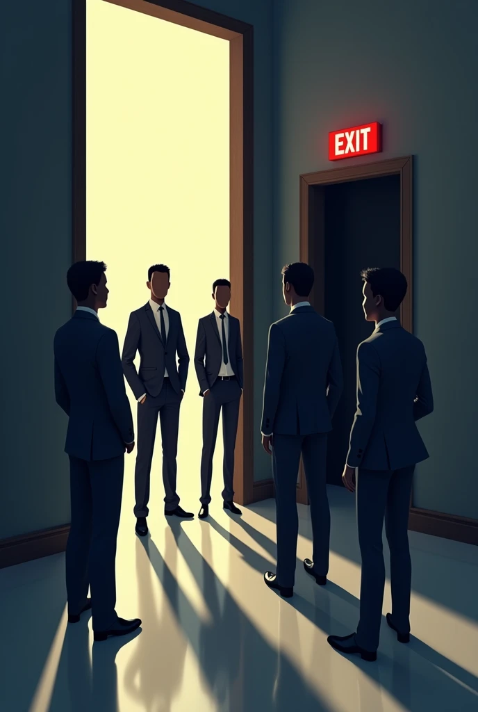A line for a job interview where white-skinned people are entering through a wide, well-lit door, while black people are being redirected to a narrow, dark door, with a sign that says "Exit". At the top, a sentence: "Equal opportunities".