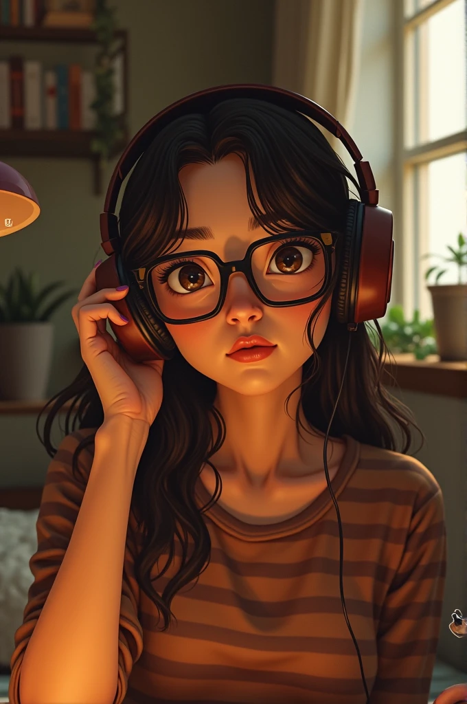 a girl with warm skin tone rectangle glasses and brown longer messy hair wearing brown striped shirt and headphones