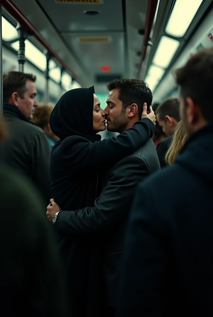 Black headscarf on a crowded bus, Woman in black coat kissing man 