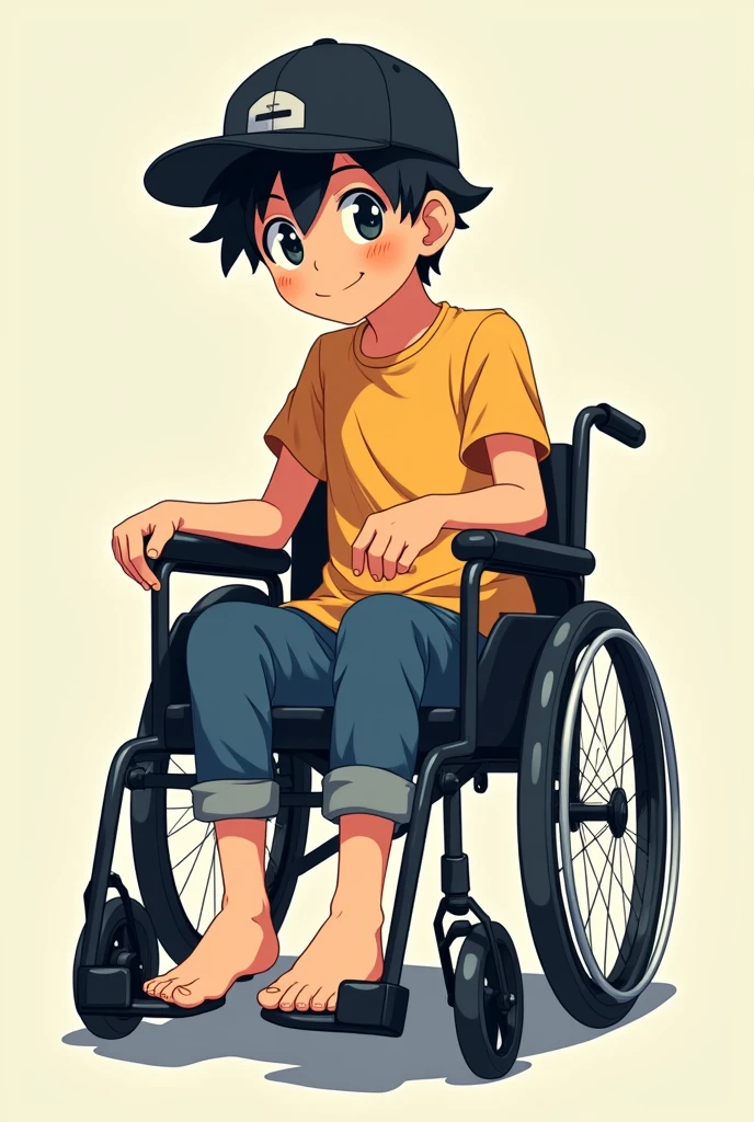 teenage boy in wheelchair with black cap showing his bare feet anime style 2d art