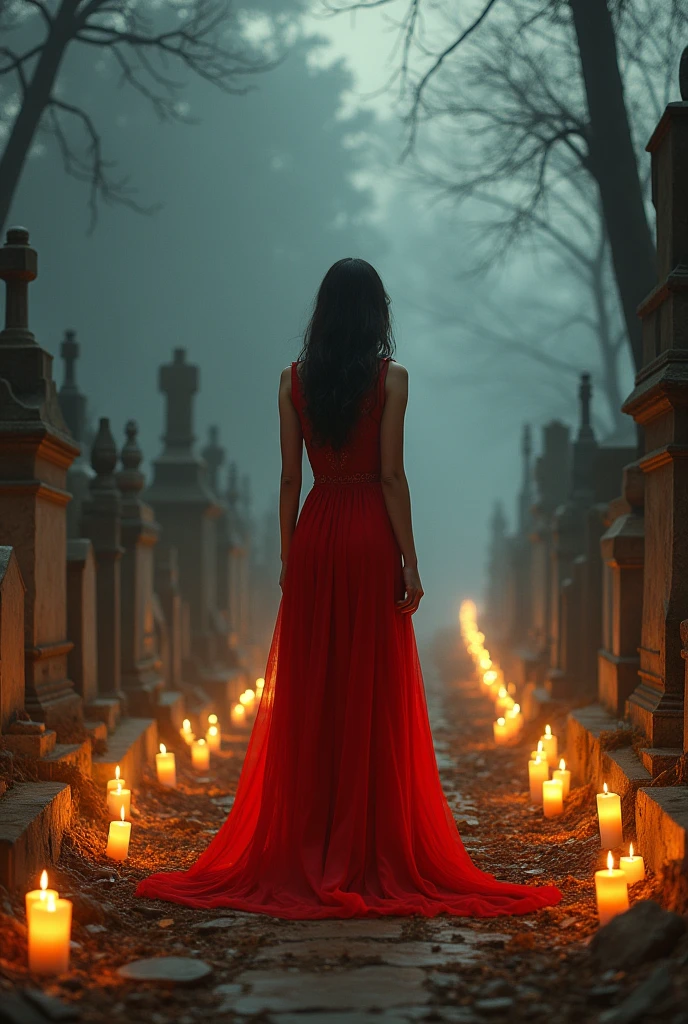 one in a red dress in the cemetery surrounded by candles