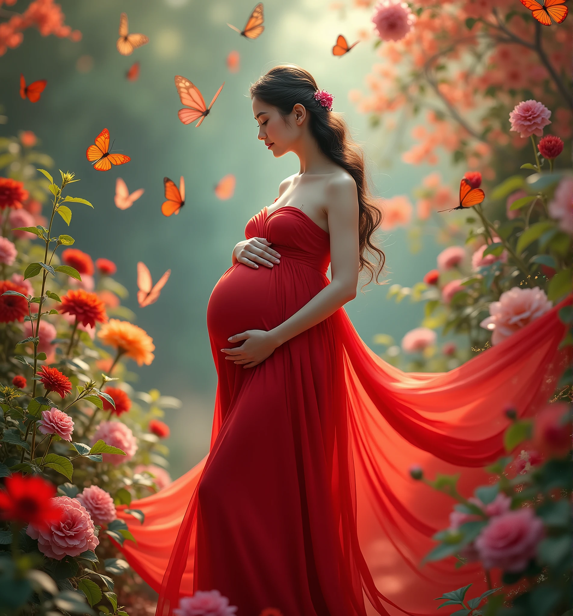 pregnant woman in red dress surrounded by butterflies and flowers, a digital rendering inspired by Tang Yifen, shutterstock contest winner, conceptual art, maternal photography 4 k, full body portrait shot, award winning studio photo, full body photograph, full body portrait, color studio portrait, whole body photography, woman in flowers, portrait photo of a backdrop, korean artist