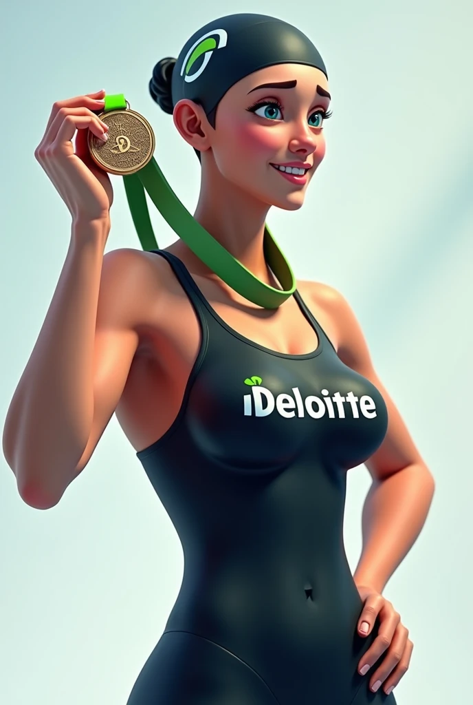 Generate A Picture Of A Swimmer in full kit Holding A Medal With "deloitte " on the swimsuit, the full stop after "deloitte" having a green color.