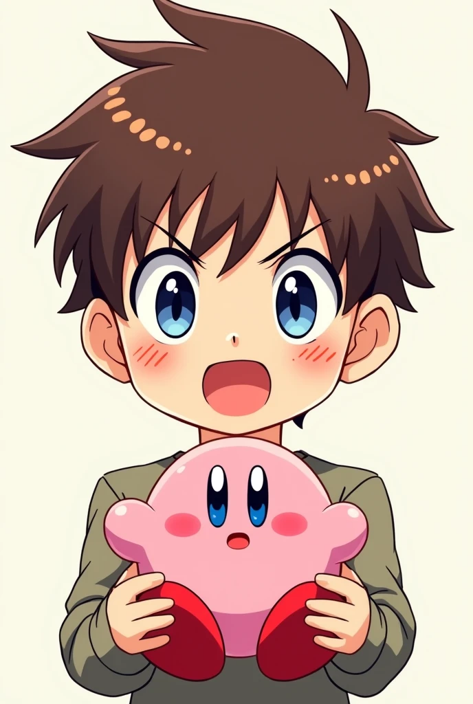 Un avatar style manga kawaii simple, on voit que le buste et la tête , d’un garçon brun, yeux bleu, qui tiens un kirbydans les main, et de l’autre côté, l’avatar identique, avec le même pose mais énervé avec les yeux rouge