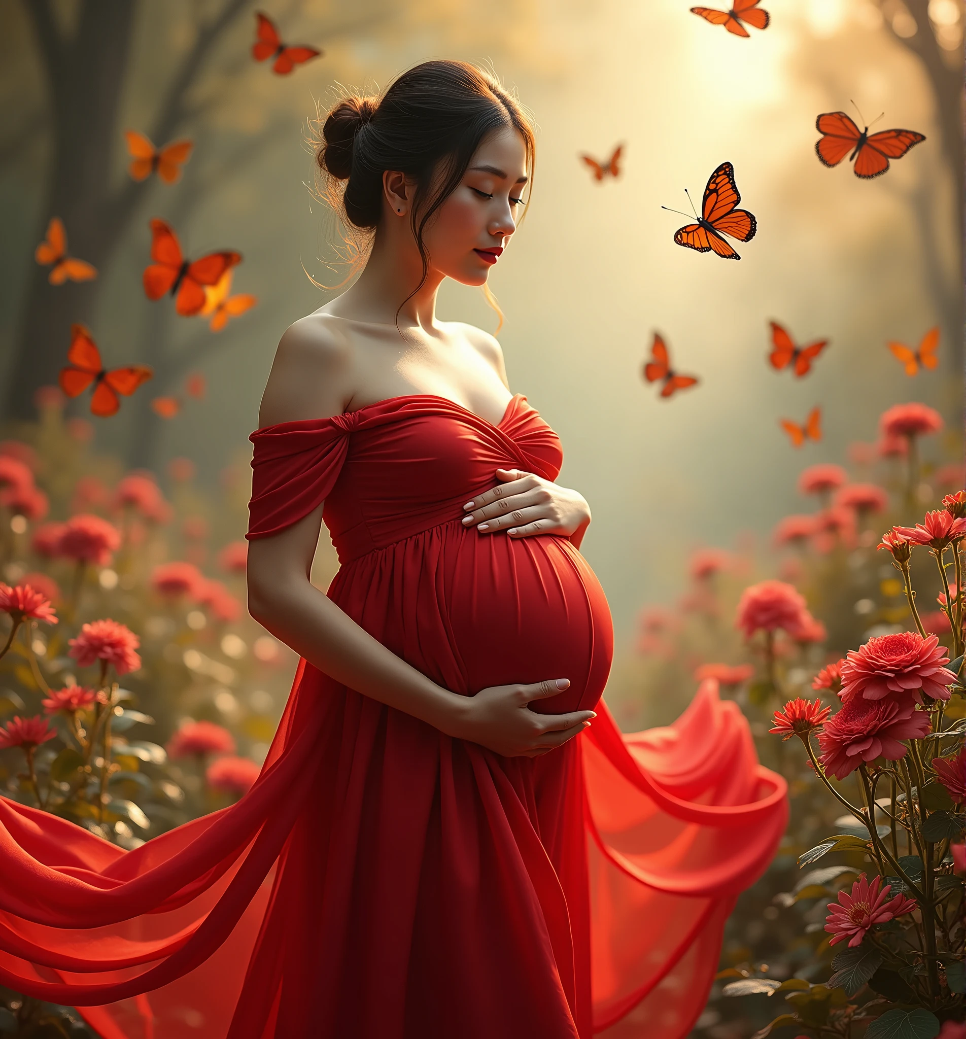 pregnant woman in red dress surrounded by butterflies and flowers, a digital rendering inspired by Tang Yifen, shutterstock contest winner, conceptual art, maternal photography 4 k, full body portrait shot, award winning studio photo, full body photograph, full body portrait, color studio portrait, whole body photography, woman in flowers, portrait photo of a backdrop, korean artist