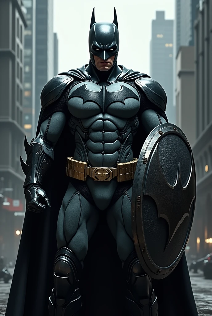 BATMAN WITH HIS SHIELD AND BEAUTIFUL ARMOR.