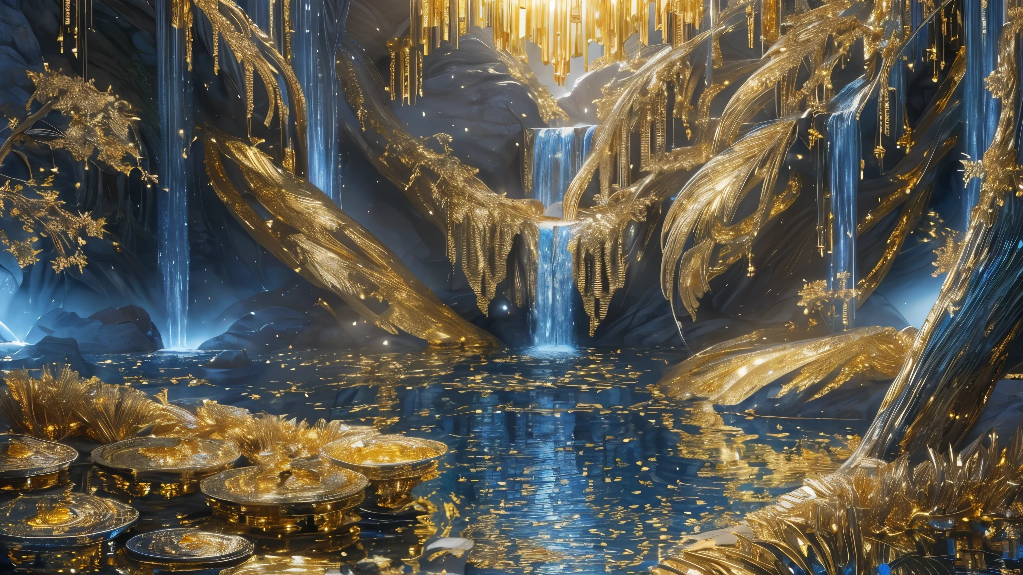 masterpiece, best quality, 32K, Impressive crystal clear blue river and waterfall. The forest filled with shimmery gold, Reflecting on the golden rocks, Create a magical and enchanting atmosphere, water fountains, in a enchanting forest of pure shimmery gold super high quality, 32k, RAW photo, realistic, detailed and delicate depiction and flashy and dynamic forest, fantastic depiction, golden flowing water fountain, shining jewel, iridescent particles dancing around, (shiny gold plated, shiny silver plated:1.7), iridescent, professional flare lighting