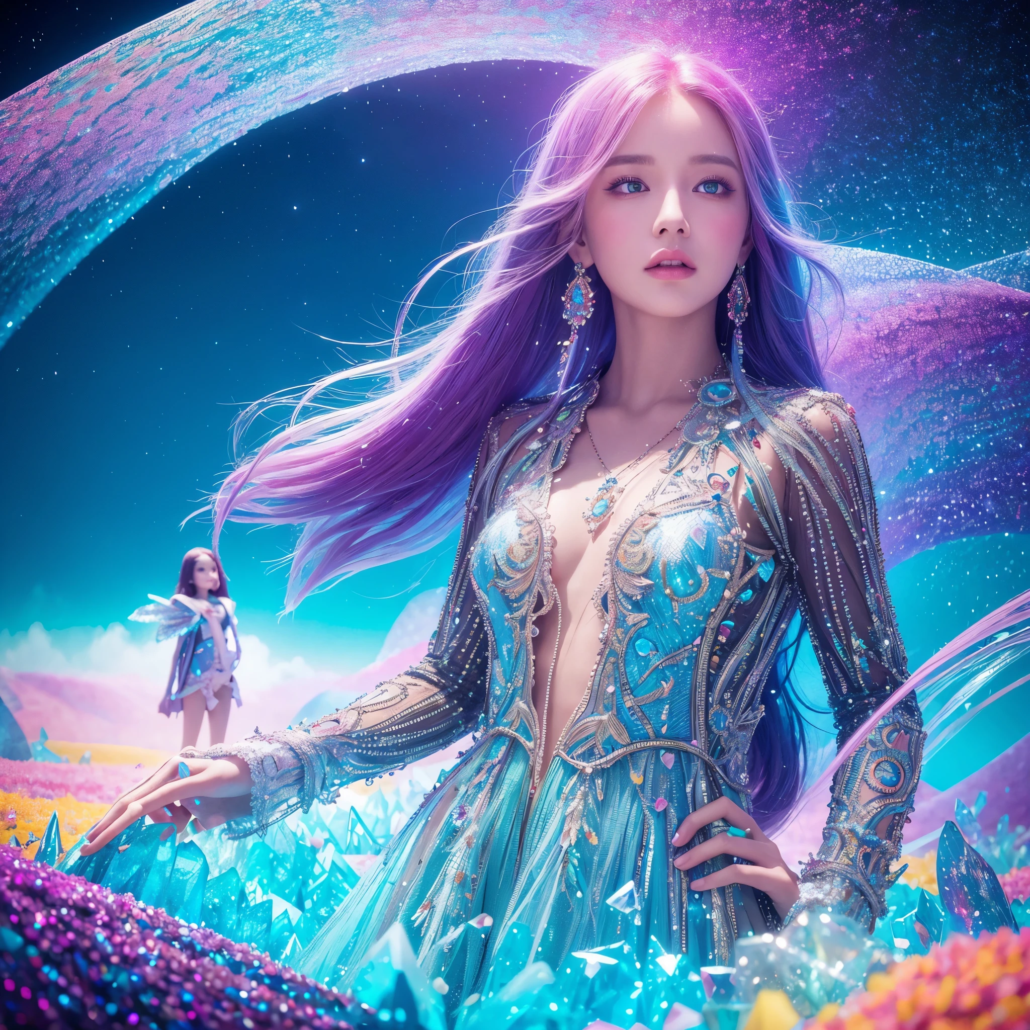 A surreal uncommon landscape, colorful and dreamlike, 1girl standing in a field of floating crystals, detailed face and eyes, ethereal atmosphere, vivid colors, dramatic lighting, intricate details, cinematic composition, award-winning digital art, hyper-detailed, photorealistic, masterpiece