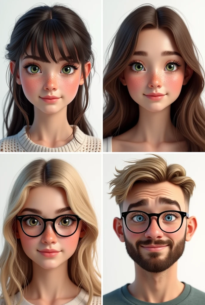 (photorealism:1.5)profile of a beautiful young woman with dark brown hair, curtain bangs hair, green eyes, and a lot of freckles. another profile of a young woman with brown hair, brown eyes and some freckles. another profile of a young pretty woman with straight light blond hair, blue eyes and glasses. The last profile is of a masculine chubby man with short kind of buzzcut dark blond hair, blue eyes, glasses and a beard. faces are looking into the camera, smaller and loosely arranged on a white background 