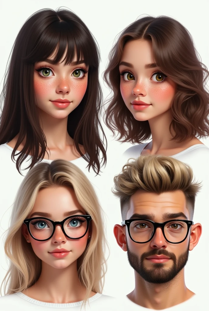 (photorealism:1.5)profile of a beautiful young woman with dark brown hair, curtain bangs hair, green eyes, and a lot of freckles. another profile of a young woman with brown hair, brown eyes and some freckles. another profile of a young pretty woman with straight light blond hair, blue eyes and glasses. The last profile is of a masculine chubby man with short kind of buzzcut dark blond hair, blue eyes, glasses and a beard. faces are looking into the camera, smaller and loosely arranged on a white background