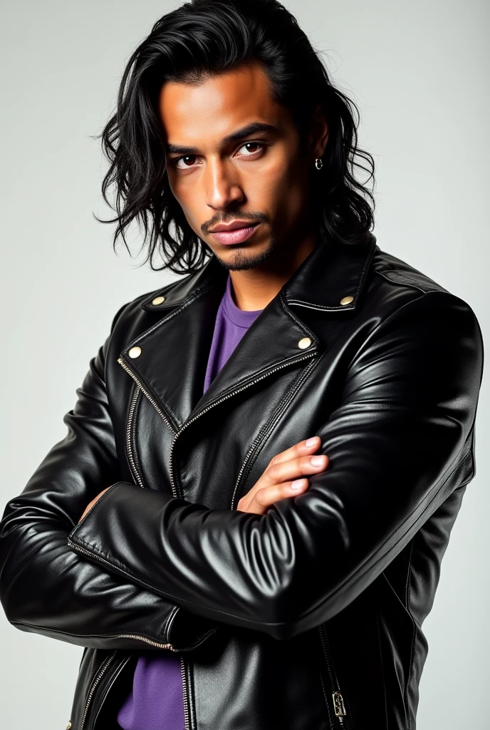 A guy with black medium hair with layers, tan skin color, wearing a black leather jacket with some purple arts on not much and looking straight and generate the image from head to hips and make him look like bruno mars from the please me video and make him stand and make him cross his arms and make him look focused and make the image like a wwe 2k24 wrestler png and make him pose like a model and make his jacket look like rhea ripleys 