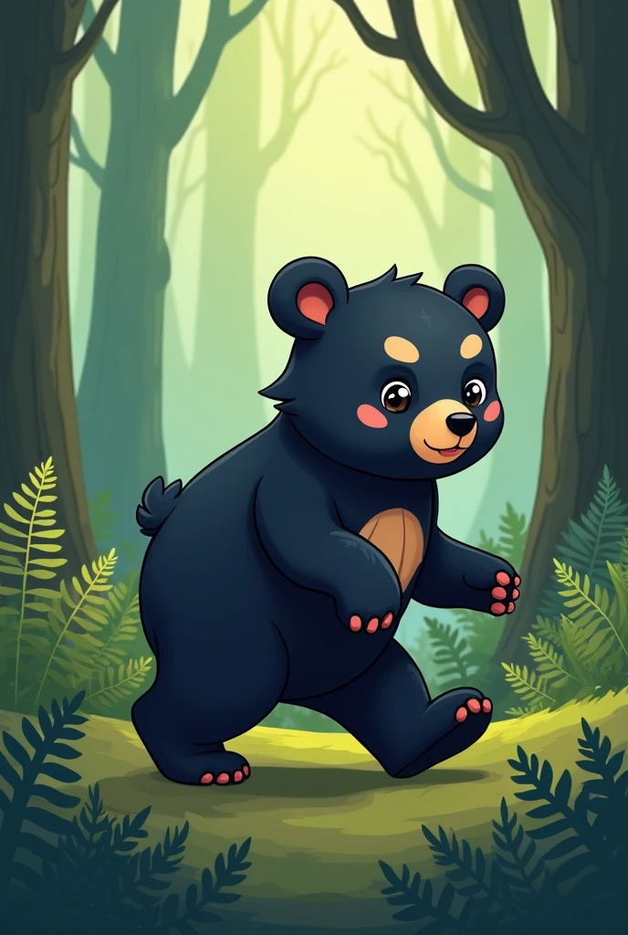 Logo of a black baby bear with spots around its eyes walking in a forest in profile