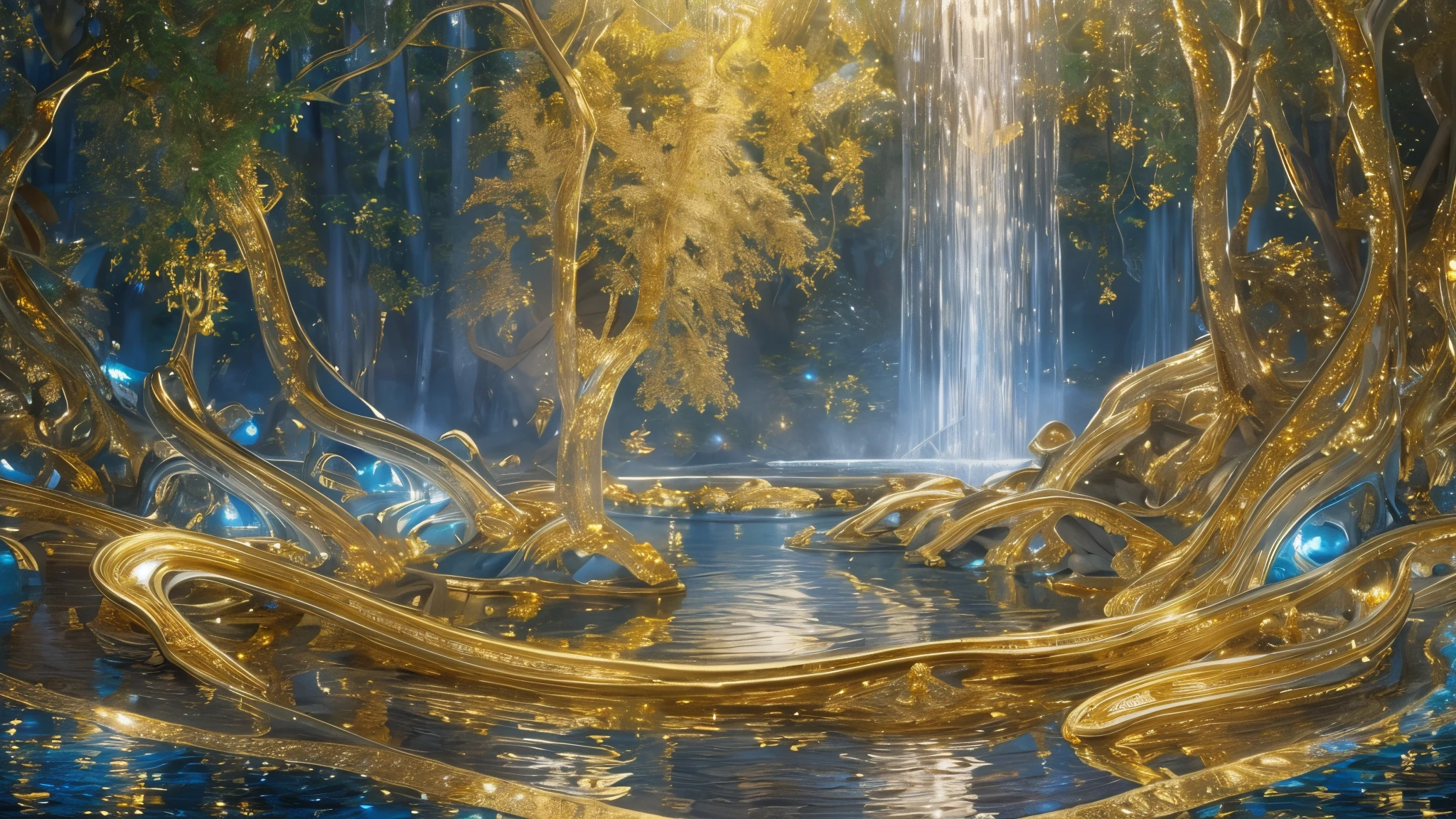 masterpiece, best quality, 32K, Impressive crystal clear blue river and waterfall. The forest filled with shimmery gold, Reflecting on the golden rocks, Create a magical and enchanting atmosphere, water fountains, in a enchanting forest of pure shimmery gold super high quality, 32k, RAW photo, realistic, detailed and delicate depiction and flashy and dynamic forest, fantastic depiction, golden flowing water fountain, shining jewel, iridescent particles dancing around, (shiny gold plated, shiny silver plated:1.7), iridescent, professional flare lighting