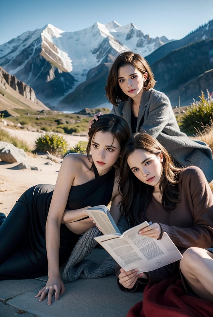 Beautiful Emma Watson and Gal Gadot reading books, mountain background, realistic cinematic HD, best quality, 8k