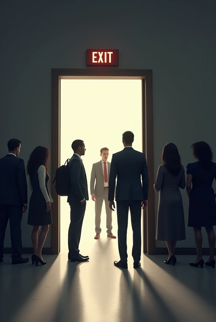 A line for a job interview where white-skinned people are entering through a wide, well-lit door, while black people are being redirected to a narrow, dark door, with a sign that says "Exit". At the top, a sentence: "Equal opportunities".