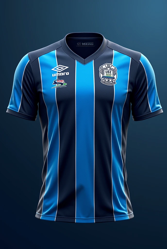 Create an Umbro branded football shirt, of the Grêmio Football Portoalegrense team with thick sky blue and black stripes and thin white stripes.