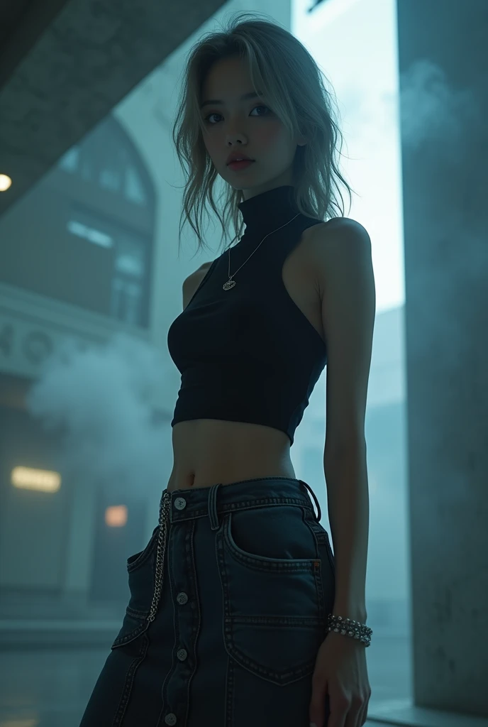 (nsfw:1.2), masterpiece, Best Quality, Realistic, A mysterious and sophisticated beautiful young girl, with blue eyes wears futuristic and sexy fashion art. 18-years-old, cute and sexy Japanese girl is climbing at a wide angle, // The outfit features a black sleeveless turtleneck fusion of cropped tank top made from a lightweight, stretchy material. The top has thin shoulder straps and fits tightly, highlighting the wearer’s silhouette. The bottom piece is a midi-length denim skirt made from thick denim fabric. The skirt includes prominent stitching and large side pockets, adding a functional, cargo-style element to the design. Accessories include a simple silver chain necklace, a matching bracelet, and a small silver chain bag. The entire ensemble is styled in a monochromatic black and silver color palette, creating a sleek and urban look, /// Breasts in a high position, large breasts, slim waist, abs, large butt, /// standing, winding sexy pose, with her full body in frame. ///, hyper small head and face, wide Duck mouth, half open mouth, perfectly aligned teeth, perfect beautiful wide teeth, light blue eyes, half open eyes, shiny Droopy eyes, gray hair, looking other, She is situated within the interior of a futuristic colony, in the deep night, with mist drifting and steam rising from concrete