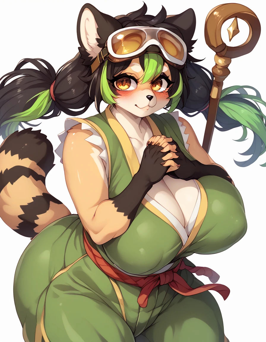 Solo, Score_9, score_8_up, score_7_up, kemono style, Kimiko, An Anthro furry black panda girl, black furry body, black panda tail, , black nose, black hair, green highlights, shoulder length hair, twintails, green goggles over eyes, slightly pudgy, green sleeveless vest, rope belt, martial arts belt, dark green pants, brown armor around side of legs, wrappings around hands, wrapping around feet, brown staff, huge butt, huge breasts, goggles on eyes, blushing face, goggles on eyes, armor on waist, hands together, holding staff two hands