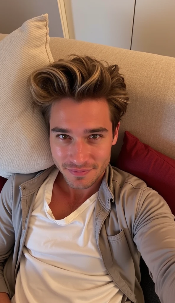 homme de 23 ans, beau, Aaron Paul (coupe de cheveux blonde foncée, bonne mâchoire, De grands yeux sombres, bien construit, ajuster,) selfie assis sur le canapé
