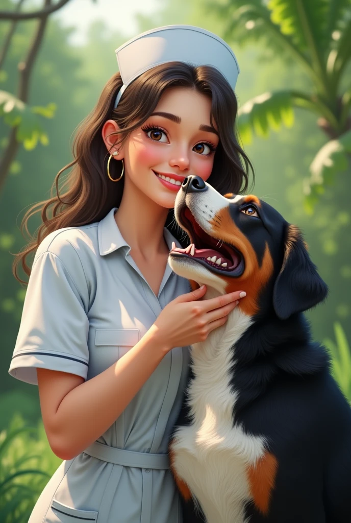 woman　adult　half　Kyasha　White skin　E Cup　Nurse uniform　Bernese Mountain　dog　play　looks fun