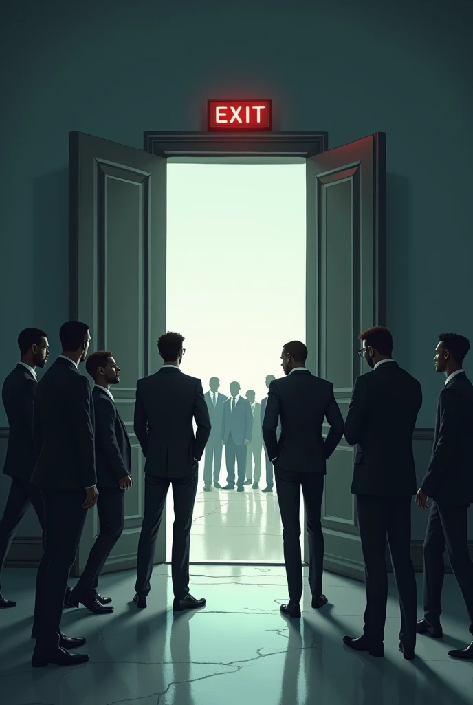 A line for a job interview where white-skinned people are entering through a wide, well-lit door, while black people are being redirected to a narrow, dark door, with a sign that says "Exit". At the top, a sentence: "Equal opportunities".
