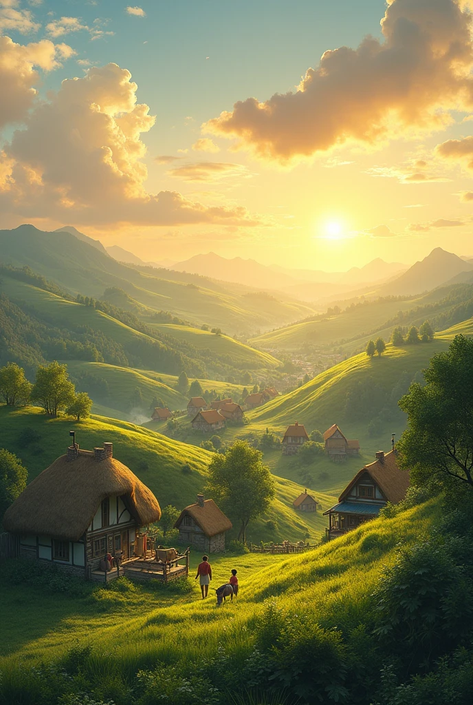 A wide shot of a peaceful village at sunrise with lush green fields, thatched-roof houses, and villagers starting their day.