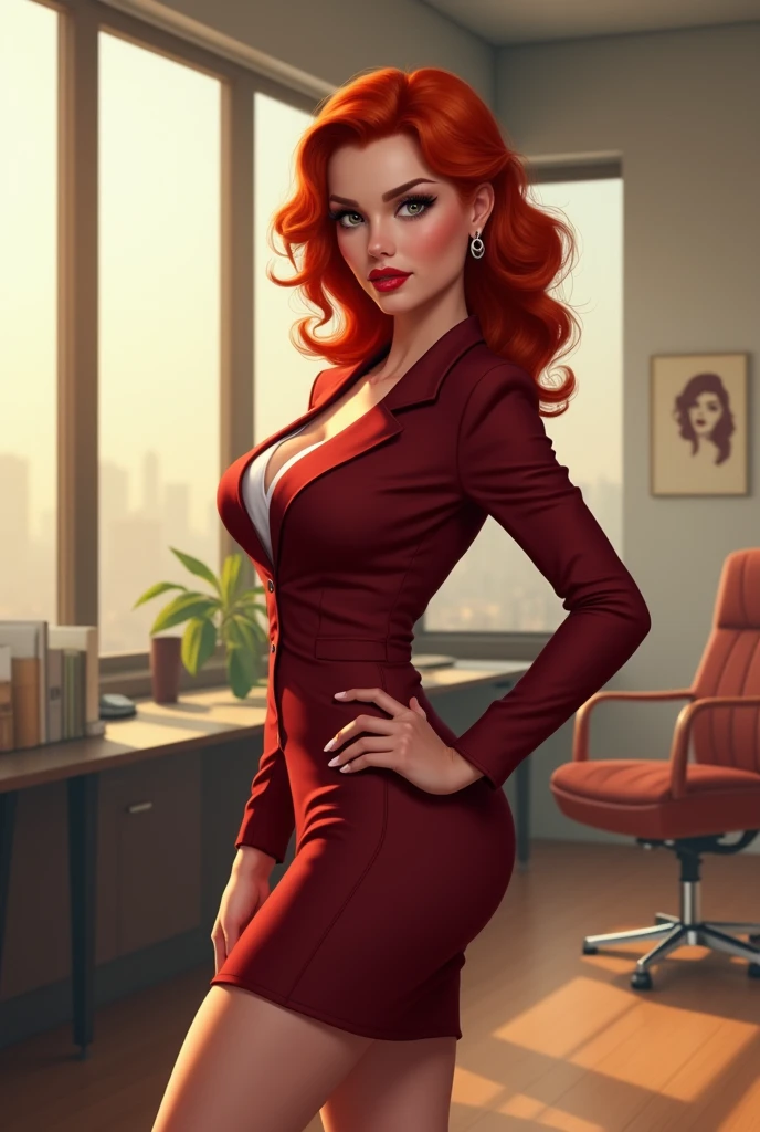 Redhead secretary in tan pantyhose and white heels, showing off her toned and shapely legs [beautiful detailed legs]. The secretary has a confident and seductive look. [intense look], accentuated by her beautifully applied makeup and long, curled eyelashes [beautiful detailed eyes]. Its delicious, The plump lips are painted in a bold shade of red.. [beautiful detailed lips]. She is dressed in a tight suit, professional suit that accentuates your curves [Sophisticated clothing]. The scene is set in a modern office., with elegant furniture and large windows that allow natural light to filter in [Sunlit office]. Overall image quality is of the highest caliber., with ultra detailed rendering [Best Quality, High resolution:1.2]. The art style leans towards a combination of realistic and portrait elements.., Capturing the charm of the secretary accurately [Realistic portraits]. The color palette is rich and vibrant., with warm shades of red and brown that complement the secretary&#39;s hair and outfit [rich warm colors]. The lighting is soft and gentle., casting a flattering glow over the secretary and enhancing the atmosphere of elegance and sophistication [soft and flattering lighting].