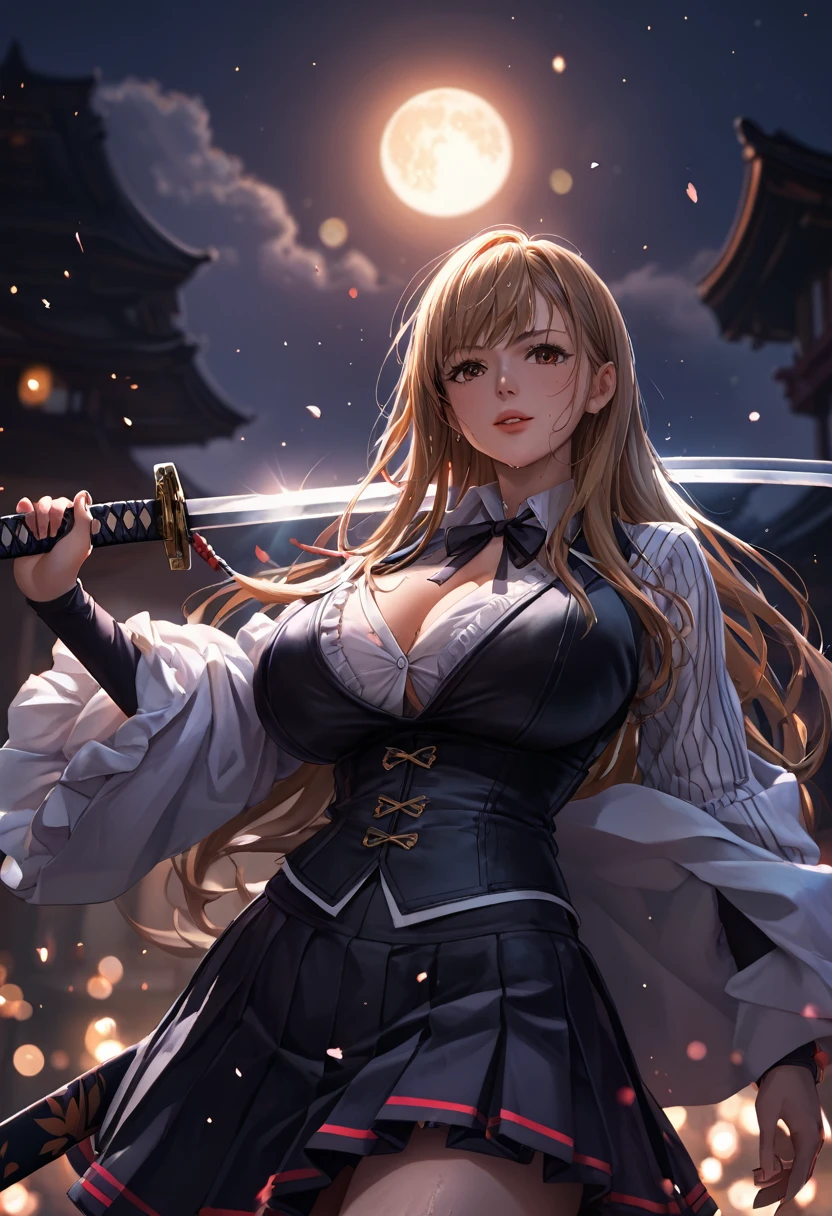 score_9, score_8_up, score_7_up, score_6_up, uncensored, long hair, brown eyes, blonde hair, brown hair, BREAK (detailed eyes:1.5), (perfect hands, perfect anatomy), Anime Style, Manga Style, Hand drawn, cinematic, Sharp focus, humorous illustration, big depth of field, Masterpiece, concept art, trending on artstation, Vivid colors, Simplified style, trending on ArtStation, trending on CGSociety, Intricate, Vibrant colors, Soft Shading, Simplistic Features, Sharp Angles, Playful, excessive sweating, sweating profusely, sweating drop BREAK, huge breasts, collared shirt, long sleeves, black ribbon, neck ribbon, vertical-striped shirt, black corset, dark red skirt, pleated skirt, frilled skirt, bokeh, spotlight, holding, katana, holding katana, moon, moonlight, shimmering light,