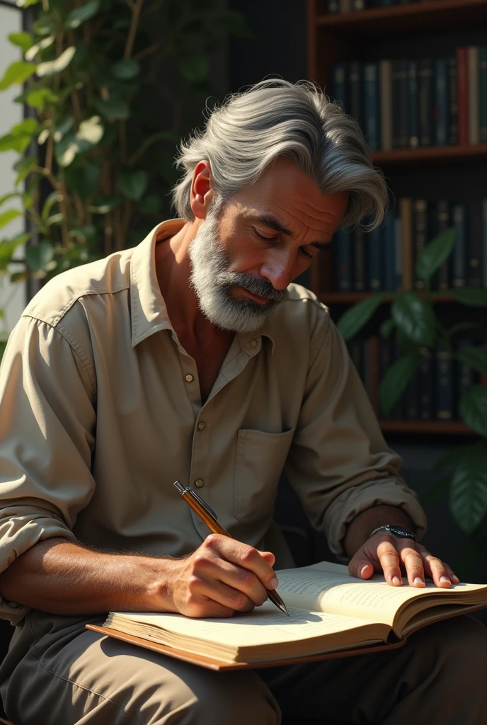 Drawing of a man sitting in a quiet place writing in his diary